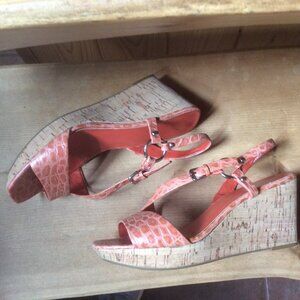 Franco Sarto Orange Strappy Square Toe Boho Platform Cork Wedges Size 8 M